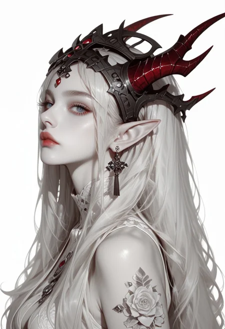 Expressiveh, morimee_style, jsyu_style, 2025. 05,
(1girl, solo), masterpiece, best quality, newest, highres, absurdres, focused subject, no lineart, no outline, detailed, spot color, red horn, long hair, looking at viewer, blue eyes, simple background, white background, closed mouth, jewelry, bare shoulders, upper body, white hair, earrings, horns, pointy ears, colored skin, arms at sides, headpiece, scales, castle, monochrome, negative space, blending, white theme, minimalism, from side