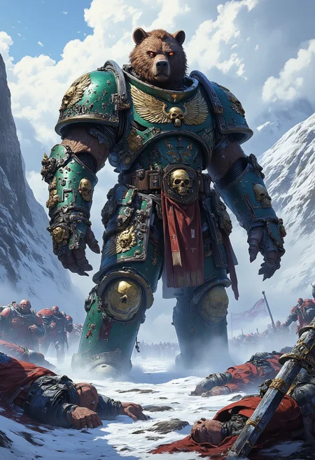 ((Dark fantasy art))
The image depicts a massive, humanoid bear standing in a snowy battlefield. The bear is dressed in dark fantasy armor and adorned with skulls, chains, and furs. Its imposing size and fierce expression suggest a dominant warrior. Surrounding the bear are fallen soldiers and debris, giving the impression of a fierce battle. Snow-covered mountains and a cold, stormy sky form the background, enhancing the dark, brutal atmosphere of the scene.