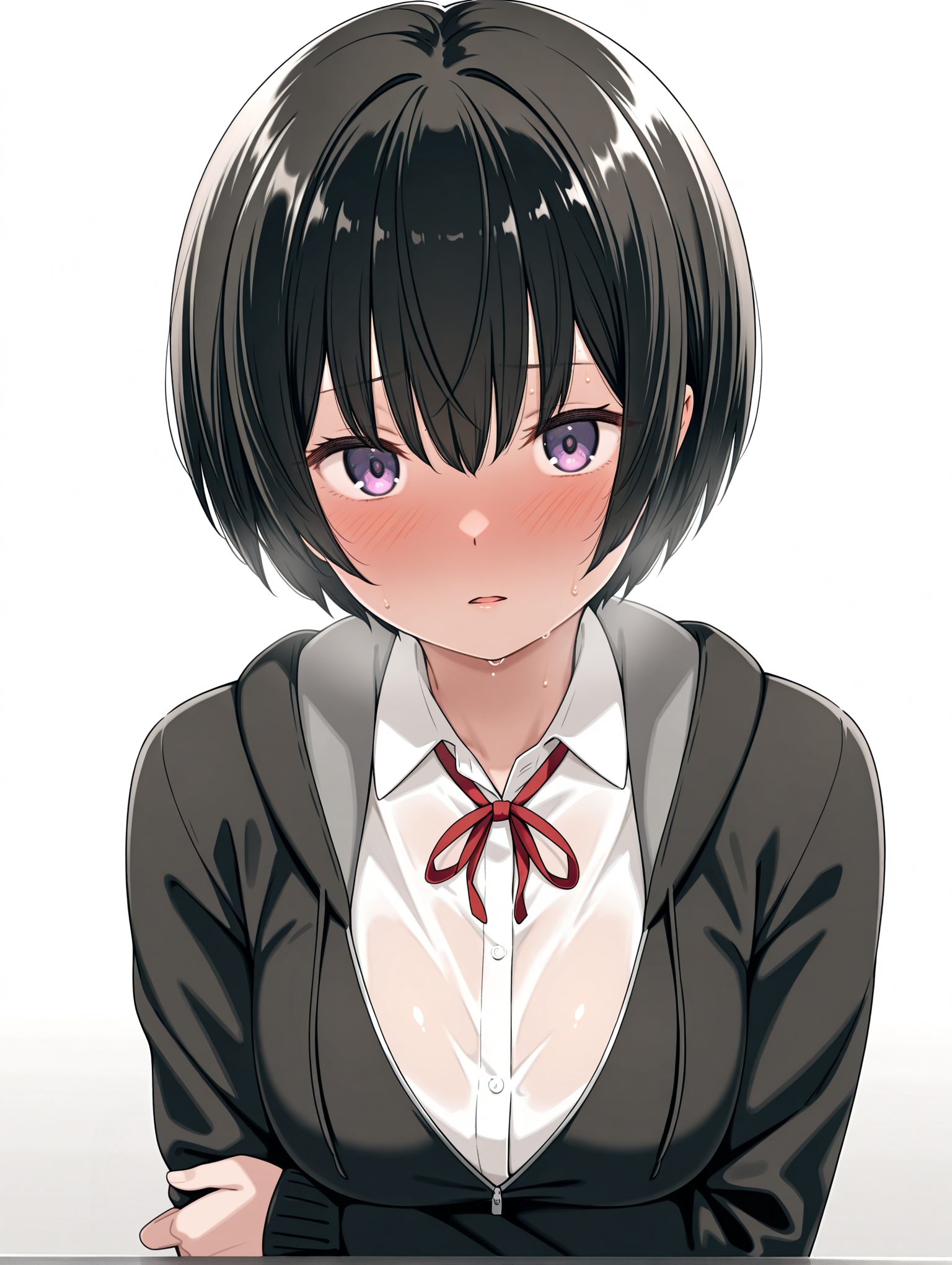 masterpiece,best quality,newest,
1girl,solo,
<lora:k_short_ilxlv1.2:1>,k_short,black hair,bob cut,purple eyes,hair between eyes,
white shirt,red ribbon tie,black jacket,school uniform,
<lora:Fixhands_anime_bdsqlsz_V1:1>,upper_body,(white_background:1.3),sweat,embarrass,hand on own elbow,looking_at_viewer,parted lips,light_blush,