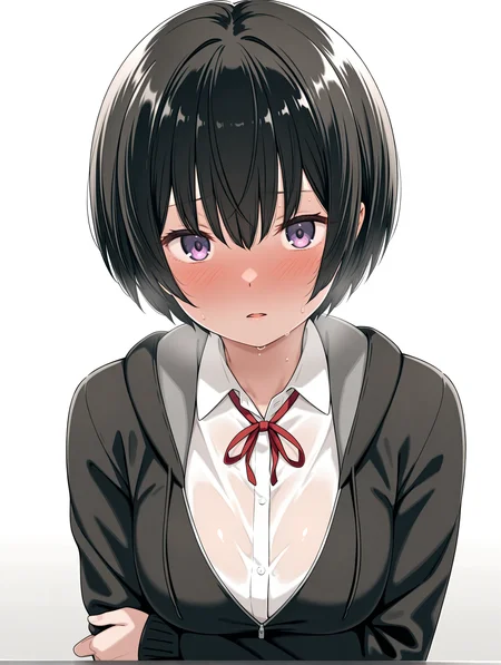 masterpiece,best quality,newest,
1girl,solo,
<lora:k_short_ilxlv1.2:1>,k_short,black hair,bob cut,purple eyes,hair between eyes,
white shirt,red ribbon tie,black jacket,school uniform,
<lora:Fixhands_anime_bdsqlsz_V1:1>,upper_body,(white_background:1.3),sweat,embarrass,hand on own elbow,looking_at_viewer,parted lips,light_blush,