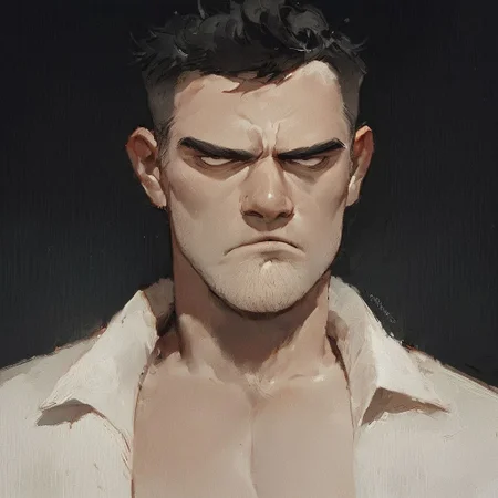 ((score_9, score_8_up, score_7_up)), close-up portrait painting of fat mafia man, scowl, shifting eyes, shadows, black background
