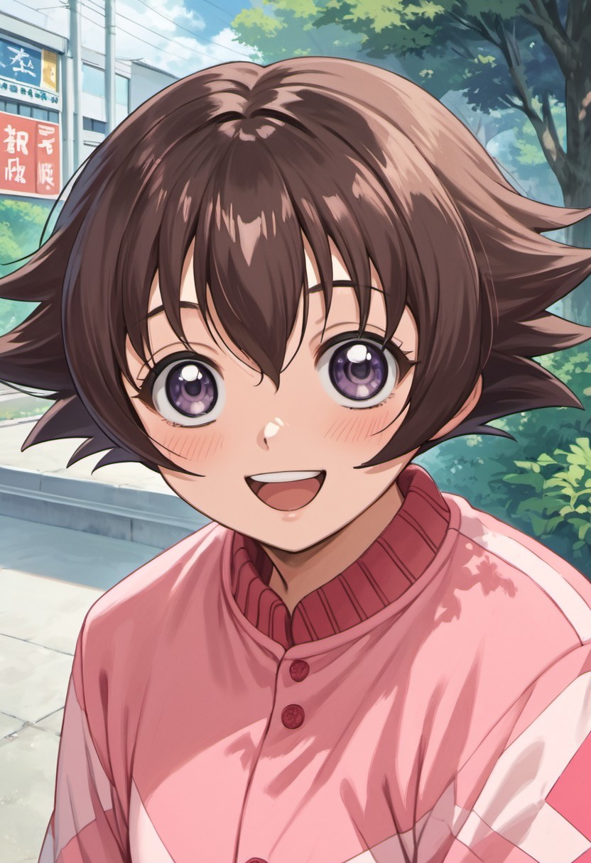 score_9, score_8_up, score_7_up, source_anime, shirahama honoka, brown hair, short hair, purple eyes, solo, 1girl, smile, open mouth, blush, looking at viewer, :d, outdoors, spiked hair
