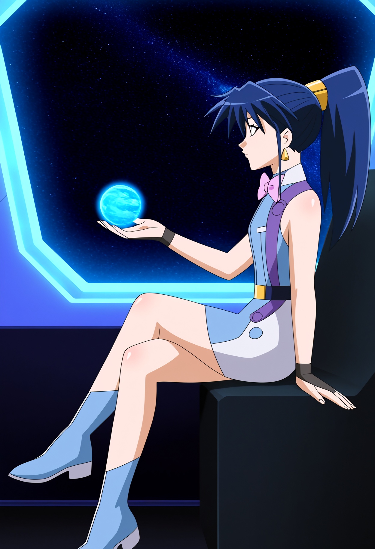 high quality, newest, hires, 1girl, misty cornwell, solo, q-chan,red eyeslong hair,  gloves, bow, jewelry, blue hair,  ponytail, earrings, sleeveless, belt, fingerless gloves, bowtie, pink bow, wristband,  vest, white pencil skirt, space, indoors, scenery, blue dress, sitting, from side, crossed legs, blue boots,