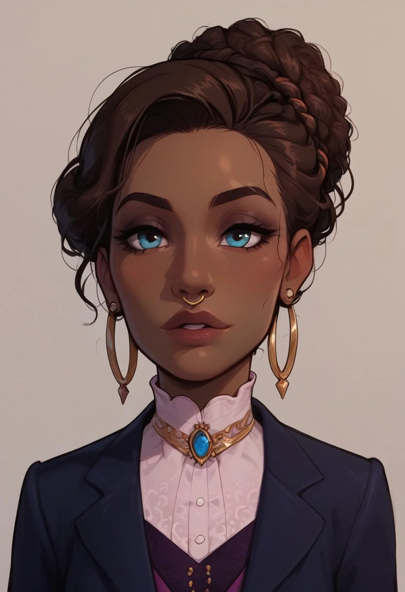 masterpiece,best quality, highly detailed, score_9, score_8_up, score_7_up, score_6_up,source_cartoon,
BREAK, 1girl, victorian london, lace, blazer, dark skin, dreadlock bun, nose ring