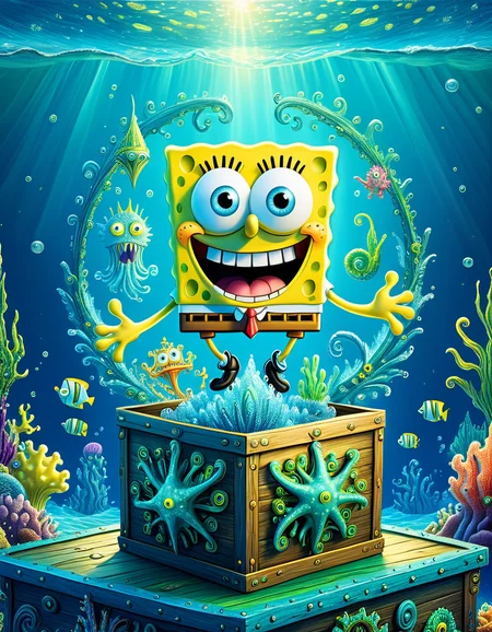 Monster in a box, high quality, masterpiece, spongebob squarepants in a sea themed box design, elaborate fantasy style art, intricate details, ultra sharp, backlit, exquisite detail <lora:Monster_in_a_Box_SDXL:1>