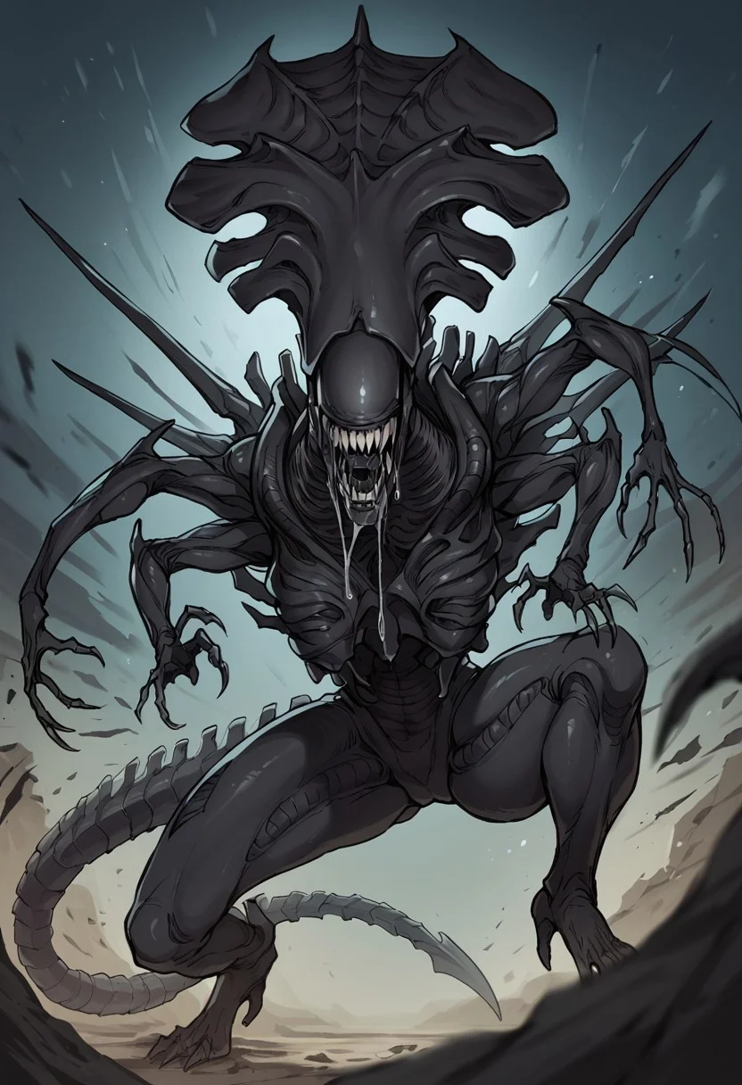 score_9, score_8_up, score_8, source_anime, 1girl, <lora:XenomorphQueen:0.95> solo, teeth, feral, sharp teeth, colored skin, black skin, no eyes, tail, monster, saliva, drool, closed mouth,
action pose,
destroyed spaceship background, blurry background,