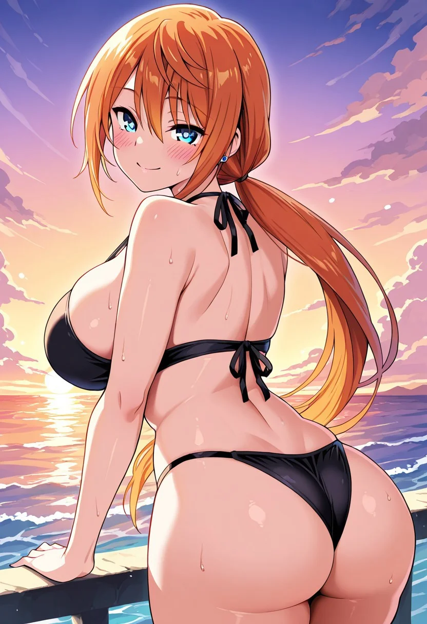 score_9, score_8_up, score_7_up, score_6_up, source_anime, BREAK, 1girl, solo, (( <lora:miyazaki_hiyori:1> , miyazaki_hiyori, piercing blue eyes, clear eyes, bright pupils, beautiful eyes, beautiful orange hair, beautiful low ponytail, yellow hair tie, hair between eyes, bangs, huge and shaggy breasts, normal waist, wide hips, beautiful skin, natural beauty, extraordinary beautiful woman, attractive woman, super sexy woman, lustful body, sexy woman with seductive obscene body, sensual body, voluptuous body, sexy beauty, sexy milf, )) , ((sexy beautiful black bikini top, sexy beautiful black bikini bottom, )) , rear view, smile, from behind, looking back, blush, bare shoulders, female focus, looking at viewer, sexy pose, from back, outdoors, sky, sunset, ocean, reflective water,