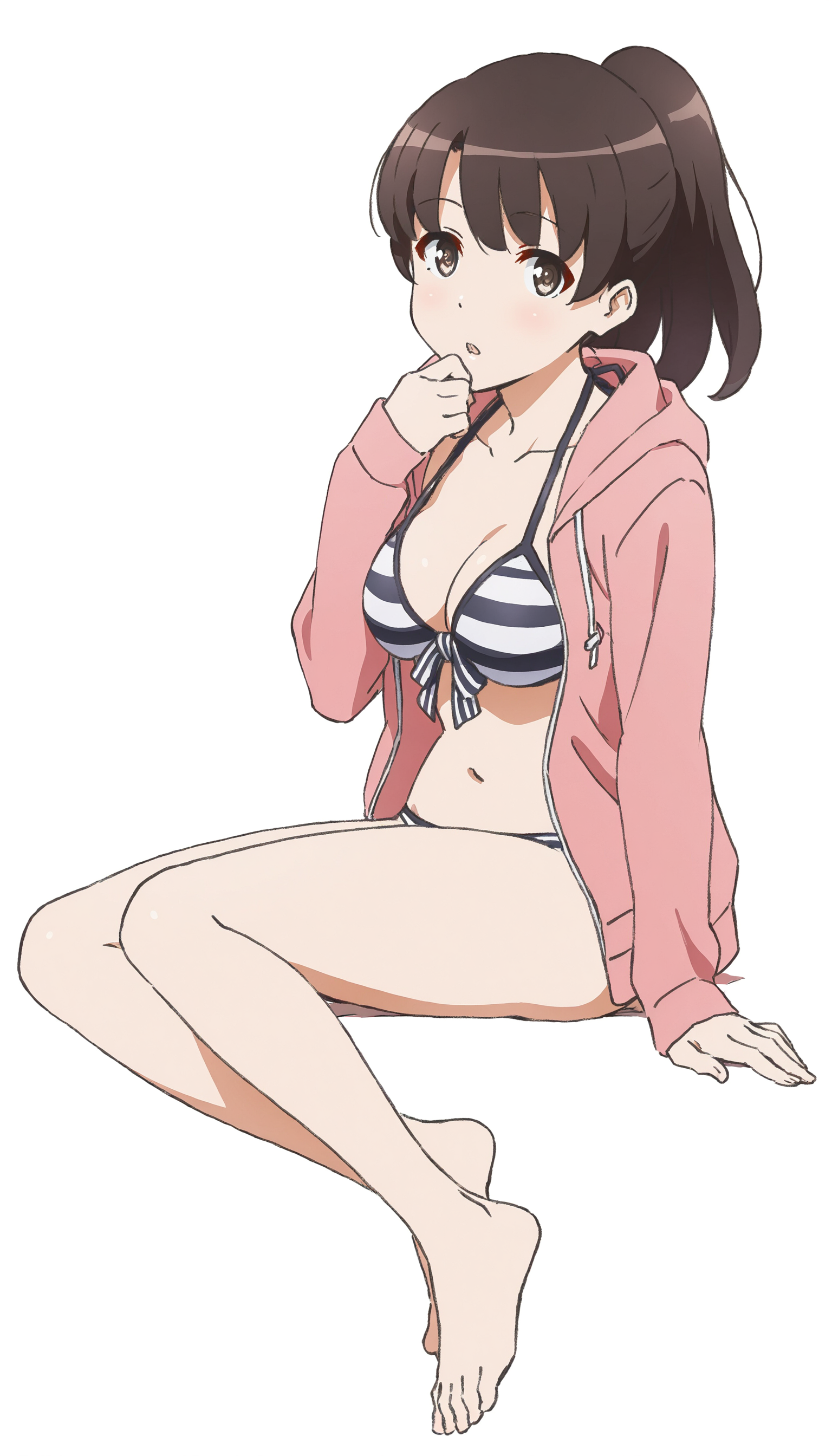 masterpiece,best quality,amazing quality,
<lora:megumiKatoNAI>,
m3gum1kat0,
1girl,solo,black hair,bangs,ponytail,brown eyes,striped bikini,pink hoodie,open clothes,full body,looking sideways,parted lips,sitting sideways,hand on chin,white background,