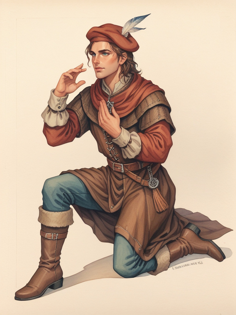 score_9, score_8_up, score_7_up, oblivionarts, solo, 1boy, male focus, boots, poet, hands up, reciting a poem, on one knee, simple background, beret, feather hat, traditional art, medieval, <lora:Oblivion:.6>