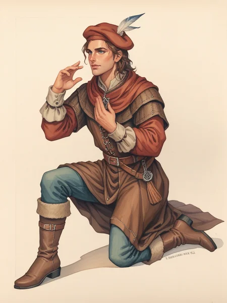 score_9, score_8_up, score_7_up, oblivionarts, solo, 1boy, male focus, boots, poet, hands up, reciting a poem, on one knee, simple background, beret, feather hat, traditional art, medieval, <lora:Oblivion:.6>