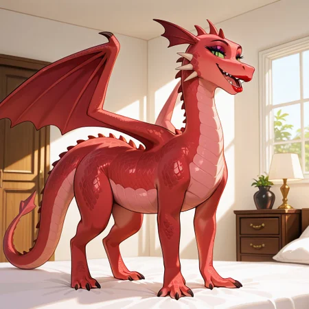 1girl, highres, absurdres, newest, masterpiece, best quality, furry, furry_female, elizabeth_shrek, dragon, wings, makeup, lipstick, head spikes, head fins, red scales, scales, green sclera, green eyes, tail, long body, (quadruped, flat_chest, feral:1.2), standing, open_mouth, luxurious detailed room, bright room, day scene, professional lighting, white bed, solo, bedroom, smiling, seductive, looking_at_viewer, masterpiece, safe