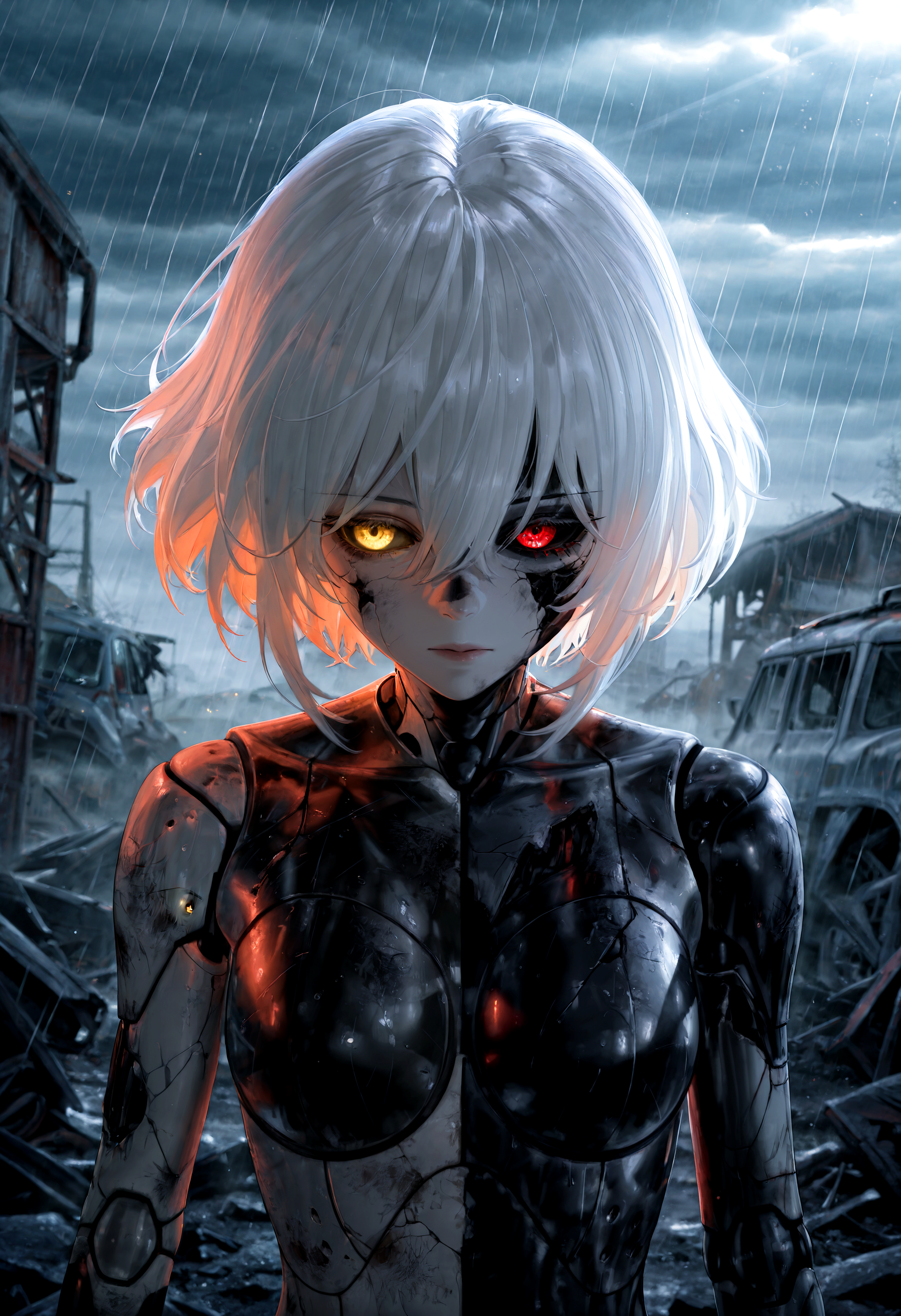 HDR, 8K, high contrast, masterpiece, best quality, amazing quality, very aesthetic, superabsurd res, high resolution, ultra-detailed, absurdres, newest, scenery, (horikoshi kouhei:0.3), (quasarcake:0.3), (wlop:0.3), light rays, chiaroscuro, dynamic angle, close up, upper body, fts_(A.D.A. TYPE-00), 1girl, android, cyborg, damaged, cracked skin, pale skin, white skin, colored skin, dirty, doll joints, cyborg, heterochromia, red eyes, yellow eyes, split theme, colored sclera, black sclera, short hair, (white hair), medium hair, bangs, hair between eyes, lifeless, looking down, looking away, expressionless, outside, overcast, junkyard, cloudy, raining heavily, fog, stardust, partially illuminated, (backlighting), Intricately designed, Mysterious Shadows, BREAK, photorealistic, beautiful detailed eyes, detailed skin, detailed hair, volumetric lighting, dappled light, light particles, dramatic shadows, cinematic lighting, photo background, depth of field, <lora:ponyxl\cfg_scale_boost:0.8> <lora:IL\KMS_FTS_A.D.A._IL-000007:0.8>