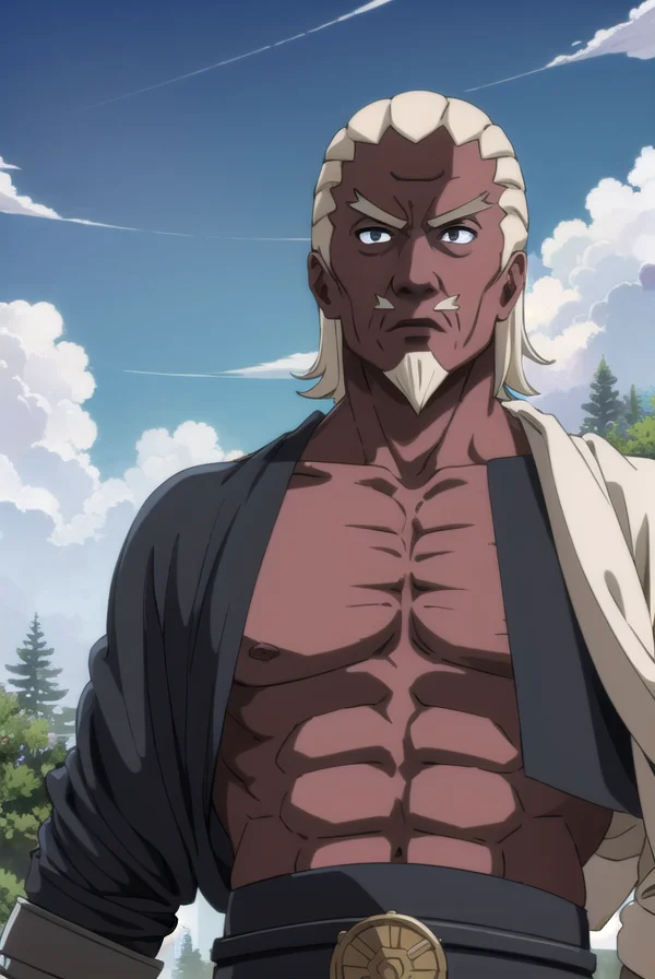 fourthraikage, <lora:fourth raikage-lora-nochekaiser:1>,
fourth raikage, blonde hair, male focus, dark skin, muscular, facial hair, dark-skinned male, muscular male, mustache, bald, (black eyes:1.5),
BREAK tattoo, abs, pectorals, topless male,
BREAK outdoors, forest, nature, trees, grass, sky, clouds, sun,
BREAK looking at viewer, (cowboy shot:1.5),
BREAK <lyco:GoodHands-beta2:1>, (masterpiece:1.2), best quality, high resolution, unity 8k wallpaper, (illustration:0.8), (beautiful detailed eyes:1.6), extremely detailed face, perfect lighting, extremely detailed CG, (perfect hands, perfect anatomy),