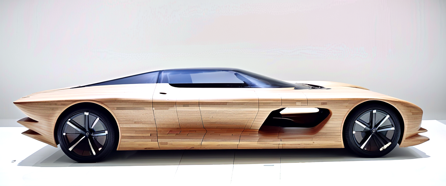 Minimalism c_car made of wood, masterpice, 8k,high speed, designed by the geatest designer ever lived, reflection, clean,,,, An art movement focusing on simplicity and reduction, often using geometric shapes and monochrome palettes.