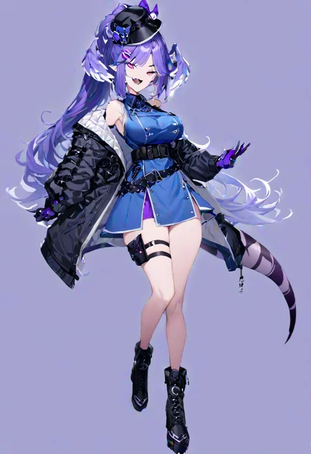 masterpiece, best quality, ultra-detailed, beautiful, nai3, 1girl, solo, full_body, tachi-e,
selen tatsuki, boots, dress, tail, dragon tail, hat, blue dress, official alternate costume, dragon girl, sleeveless, ponytail, belt, smile, gloves, long hair, breasts, open mouth, very long hair, thigh strap, simple background, hair ornament, jacket, bangs, hairclip, fang, wings, black footwear, looking at viewer, black belt, pointy ears,