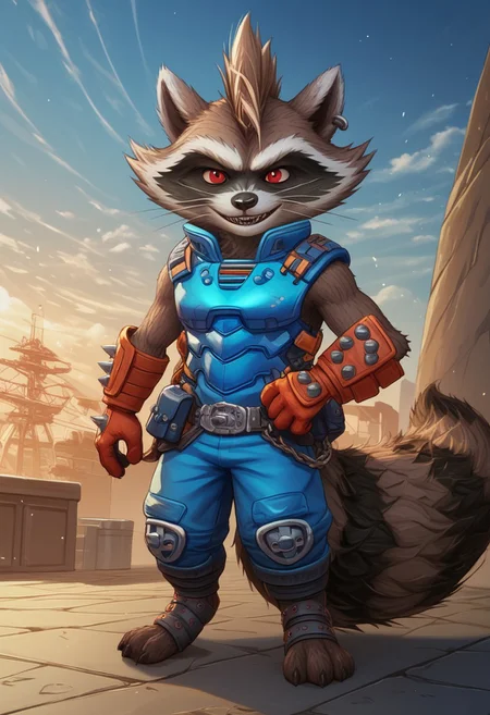 score_9, score_8_up, score_7_up, score_6_up, score_5_up, score_4_up, source_furry
anthro, ((1boy, solo)), brown fur, raccoon, mohawk, shortstack, red eyes, armor, blue pants, kneepads, earing, gloves, rocket raccoon
BREAK
detailed background, neo tokyo scenery, (((standing)))