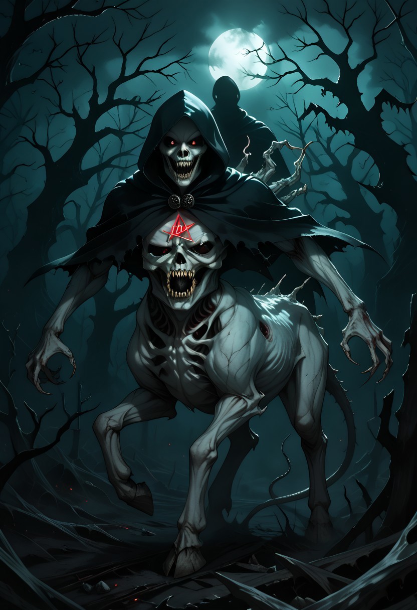 ((solo, 1man, pale centaur, pale horse legs, human torso, taur, pale fur, dark hooded figure, shadowy figure, death, grim reaper, faceless, raising one hoof, lawful evil alignment, dungeons and dragons character, highly detailed, dnd, semi-realistic, IBG, intricately detailed, dramatic lighting, dark night, sharp edges, 8k resolution, wide shot, dark theme, dark aura, horror, spooky, occult, apocalyptic, nightmarish, silhouette, backlighting