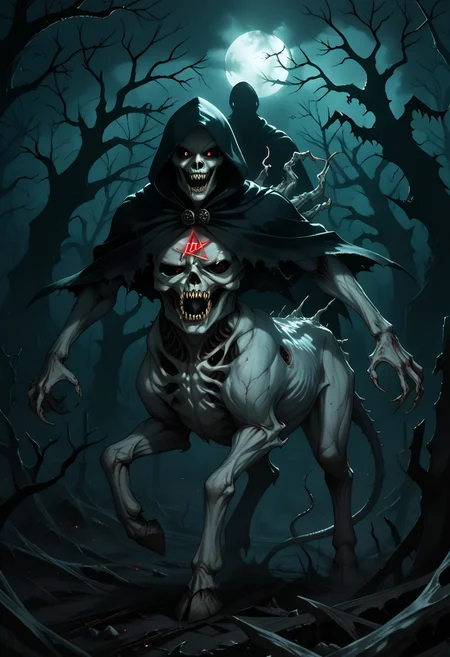 ((solo, 1man, pale centaur, pale horse legs, human torso, taur, pale fur, dark hooded figure, shadowy figure, death, grim reaper, faceless, raising one hoof, lawful evil alignment, dungeons and dragons character, highly detailed, dnd, semi-realistic, IBG, intricately detailed, dramatic lighting, dark night, sharp edges, 8k resolution, wide shot, dark theme, dark aura, horror, spooky, occult, apocalyptic, nightmarish, silhouette, backlighting