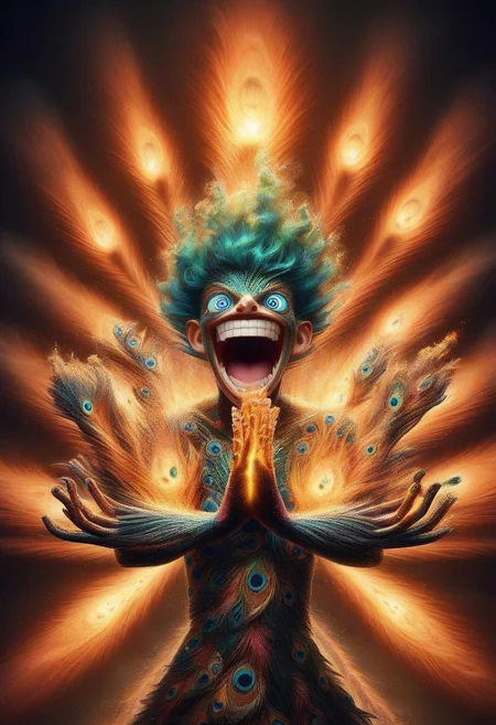 Peacock, sparkle eyes, smile, excited, masterpiece, best quality, good quality, newest, (fire out of hands), explosion, crazy, creative