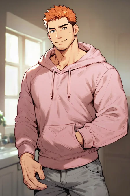 score_9, score_8_up, score_7_up, rating_safe, 1boy, bara, solo, male focus, mature male, short hair, orange hair, grey eyes, facial hair, stubble, muscular, looking at viewer, upper body, smile, standing, pink hoodie, grey pants, indoors, kitchen <lora:OIS Bara Style 6 LoRA_Pony XL v6:0.7>