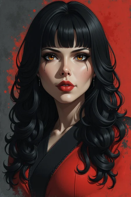 (((Black Widow))).  OBxiaoxiang, Inkplash art on rice paper, sepia, henna and carmine , Silhouette Art, magnificent, dark background, inksplash portrait of stunning japanese woman, long hair, bangs, seductive, sultry, lustful, red lips, direct gaze, light hitting one side of face, inksplash gradient colour background