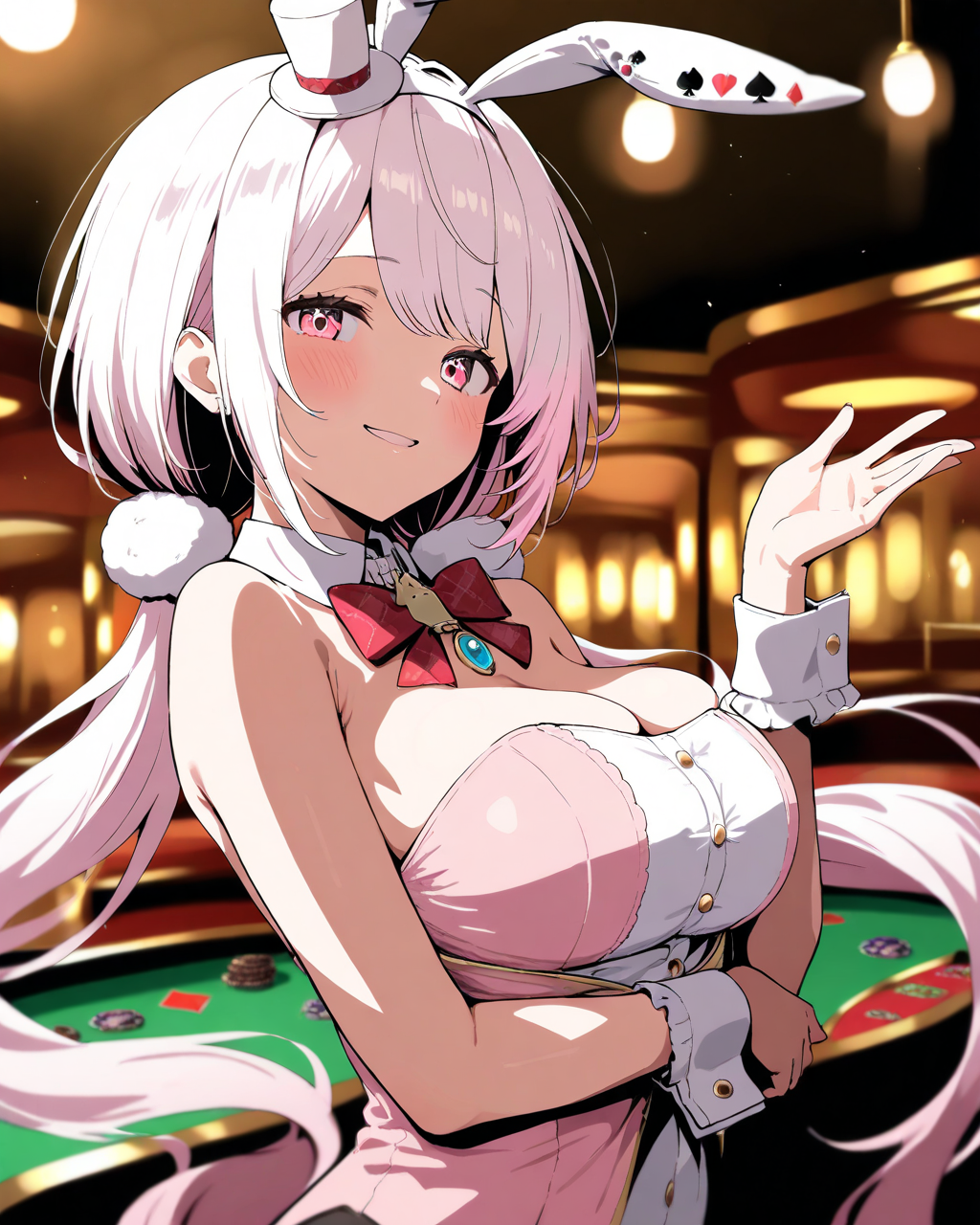 1girl,
ShiinaYuikaNijisanji,
sensitive, solo, from side, upper body,
beautiful eyes, looking at viewer, smile,
rabbit ears,
mini hat,
long hair, low twintails,
playboy bunny, pose, hand up, open hand, pointing,
red bow, detached collar,
strapless, brooch,
large breasts, cleavage,
hand on own waist,
wrist cuffs,
(spade (shape), heart, diamond (shape):1.1), (club (shape):1.3),
casino, cinematic lighting, high contrast, anime coloring,
depth of field,
<lora:kp_ShiinaYuikaNijisanji12thCostumeAnimagineXL_v1_1:1.0>,
masterpiece, high score, great score, absurdres