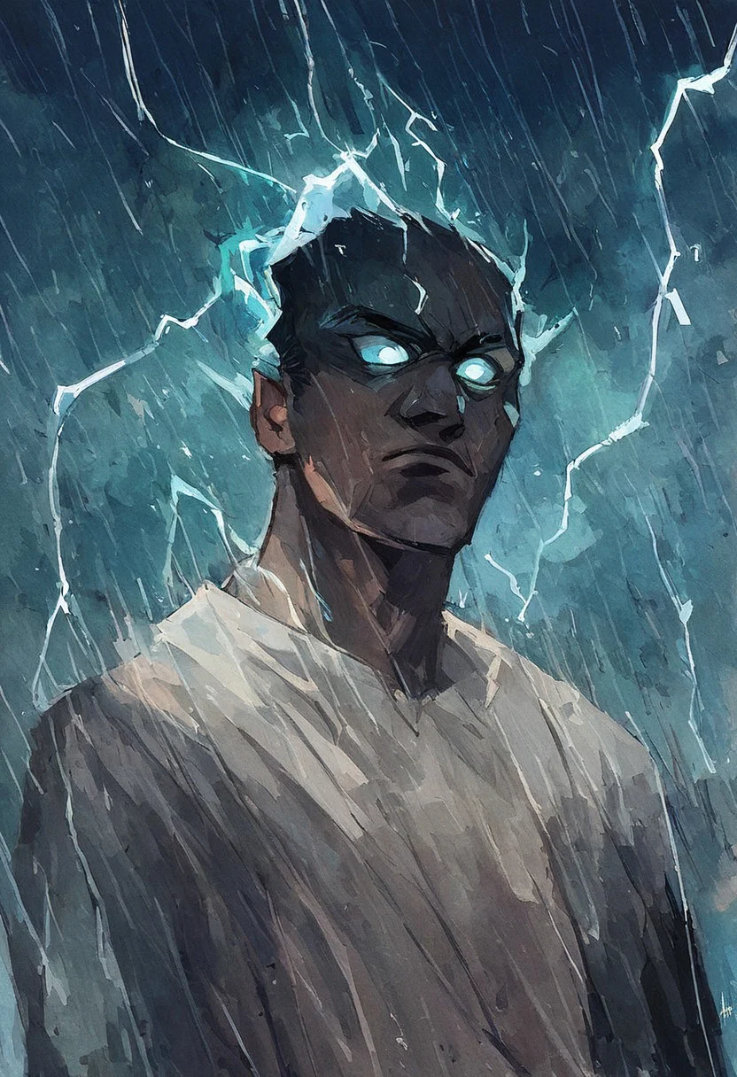 score_9, score_8_up, score_7_up, score_6_up, 1boy, watercolor painting, cowboy shot, man filled with electricity, white glowing eyes, lightning
serious look on face, eye contact,
expressive,
outside, rain, blue glowing background
black linework, storm clouds