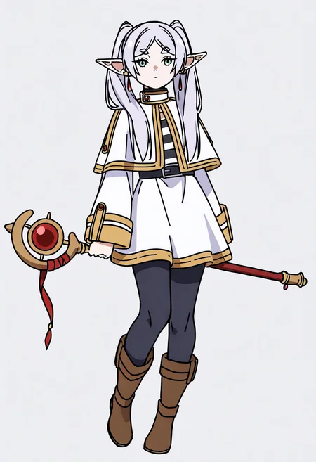 masterpiece, best quality,
1girl, frieren, green eyes, grey hair, twintails, thick eyebrows, pointy ears, white capelet with long sleeves, earrings, black belt, black pantyhose and brown boots,
solo, full body, holding a staff, standing, looking at viewer, simple background, white background <lora:FrierenIllustriousXL_byKonan:1>