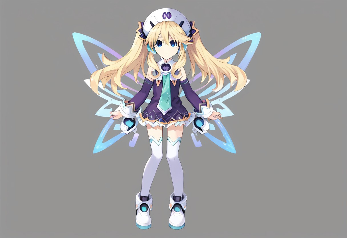 Histoire \(neptunia)\, blonde hair, blue eyes, long hair, twintails,, short dress, hat, necktie, thighhighs, white legwear, fairy wings, footwear, boots, detached sleeves,, short,   standing,   score_9, score_8_up, score_7_up, ,source_anime, best quality, masterpiece,   , full body view ,  1girl , solo , girl focus ,