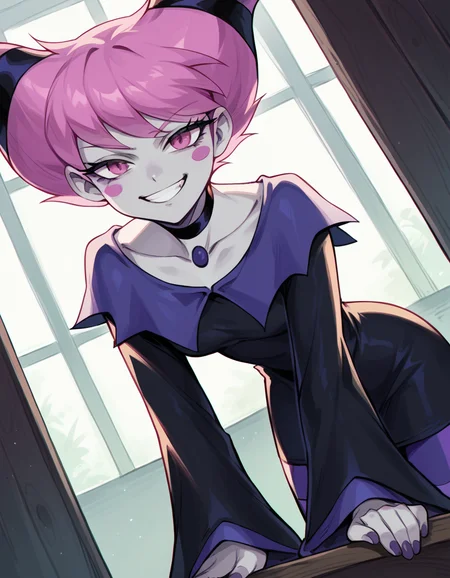 score_9, score_8_up, score_7_up, source_anime, <lora:jinx-dc-ponyxl-lora-nochekaiser_r1:1>, jinx, jinx (dc), colored skin, grey skin, hair horns, pink eyes, pink hair,, choker, long sleeves, pantyhose, striped clothes, striped pantyhose, black dress, wide sleeves, collarbone,, indoors, bent over, smile, smug, looking at viewer, solo,, cowboy shot, dutch angle