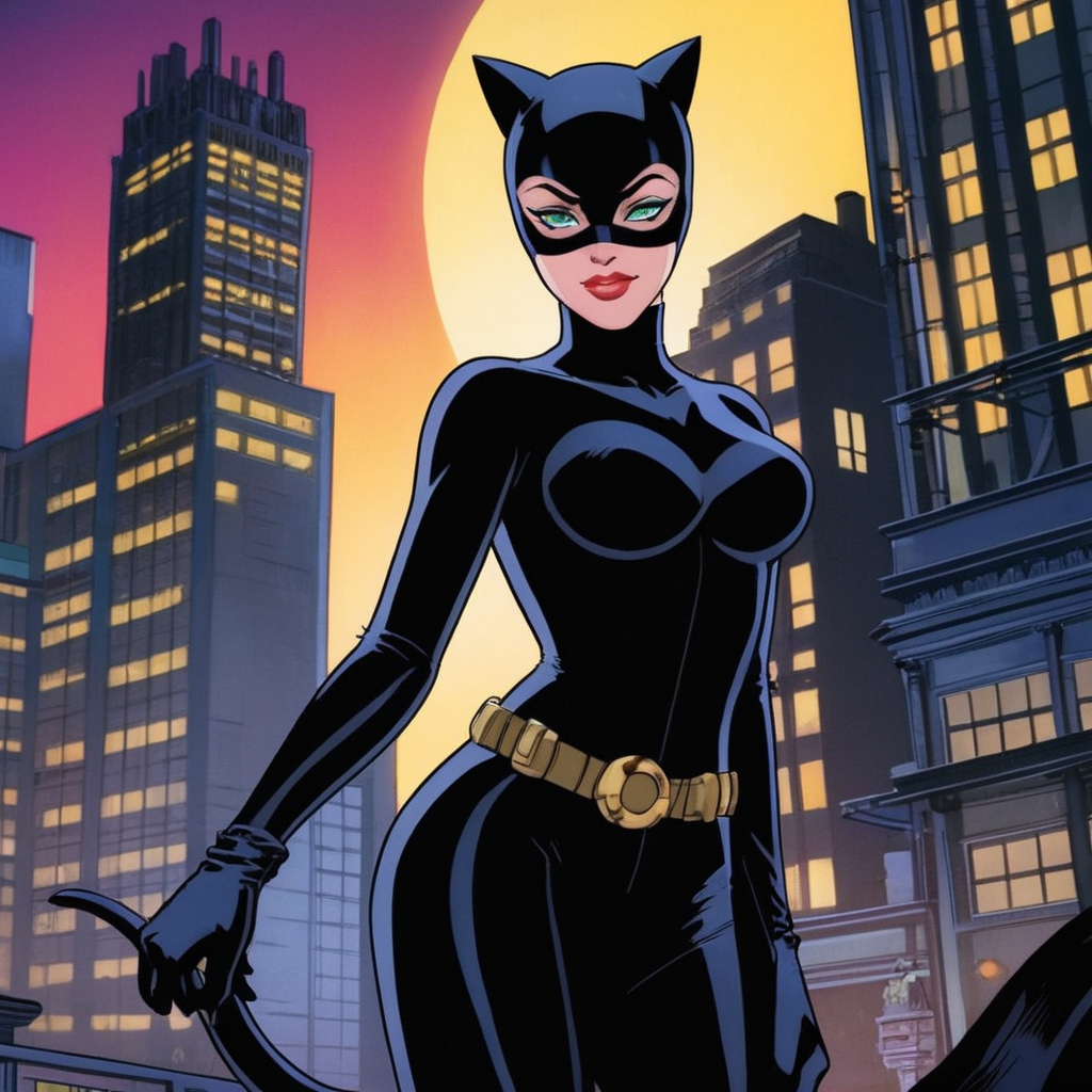 anime artwork of  <lora:Catwoman:1.2>
Catwoman a naked woman in a cat suit and gloves In Gotham City Universe, anime style, key visual, vibrant, studio anime,  highly detailed