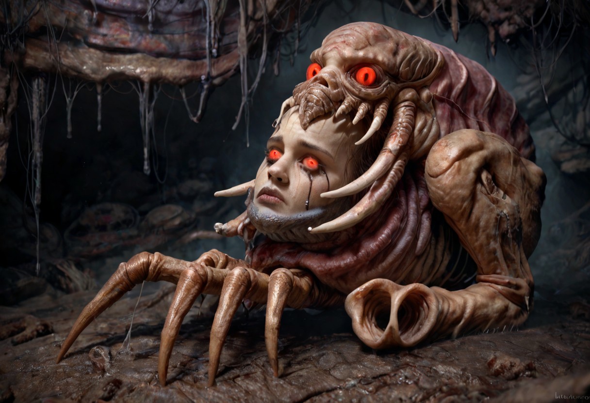 score_9, score_8_up, score_7_up, realistic, kimkoh, bug monster, red eyes, no humans, glowing eyes, tears, alien creature, claw, exoskeleton, spikes, flesh walls,  slime, organs, flying spores, dark tunnel, horror, creepy, by hr_giger