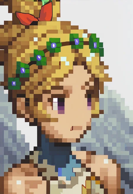 score_9, score_8_up, score_7_up, source_anime, 1girl, <lora:FF-Tactics-Portraits-pdxl_Fp:1> simple background, portrait, pixel art, <lora:zs_DemeterXL:1> demetersmt, blonde hair, ponytail, head wreath, purple eyes, bare shoulders