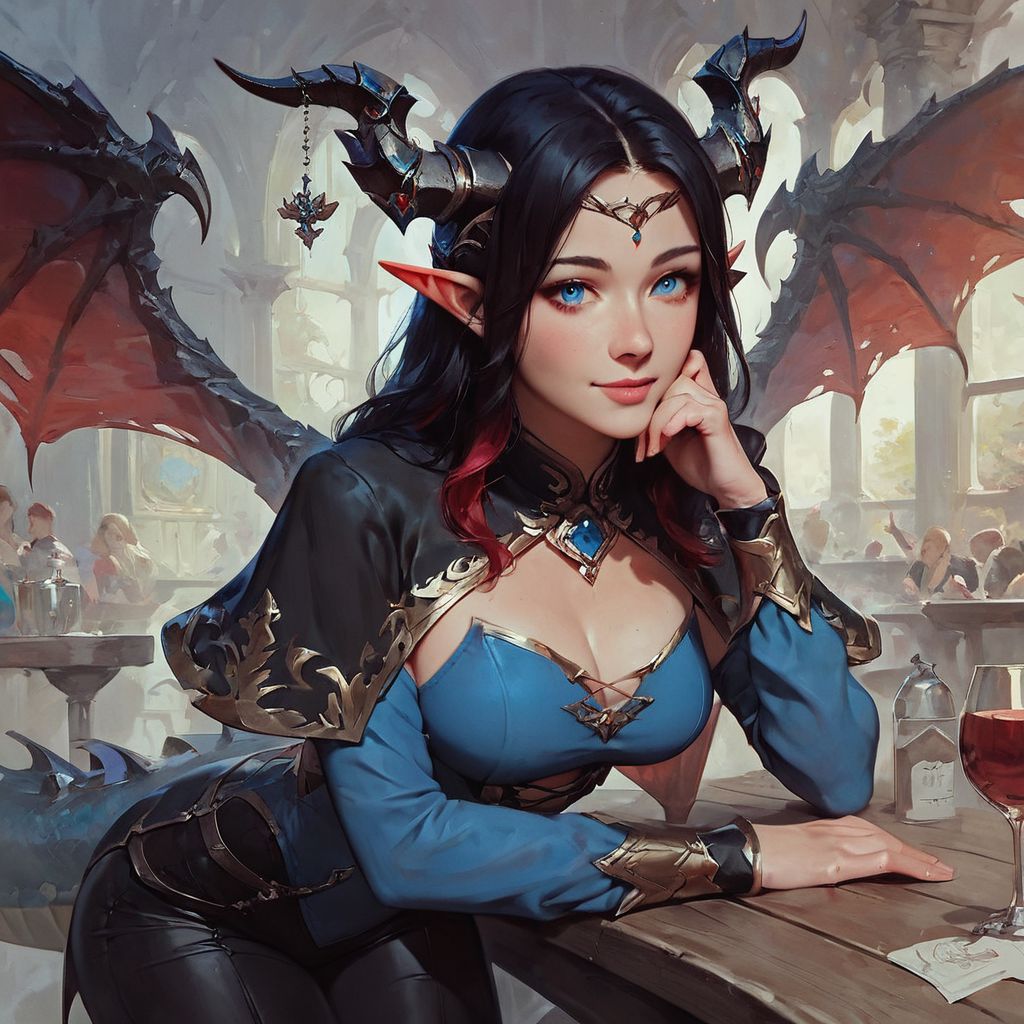 score_9, score_8_up, score_7_up, 1girl, beautiful face, black hair with red highlights, dragon wings, horns, cute smile, detailed face, looking at viewer playfully, medium breasts, beautiful blue eyes, fantasy theme, elf girl, black capelet, long sleeves, azure blue shirt , black pants, leaning on bar