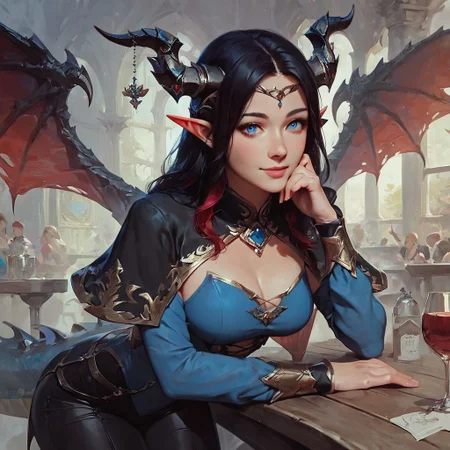 score_9, score_8_up, score_7_up, 1girl, beautiful face, black hair with red highlights, dragon wings, horns, cute smile, detailed face, looking at viewer playfully, medium breasts, beautiful blue eyes, fantasy theme, elf girl, black capelet, long sleeves, azure blue shirt , black pants, leaning on bar
