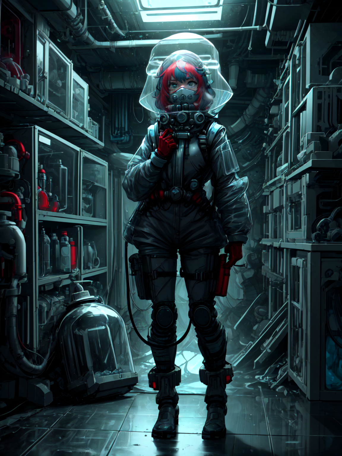 best quality,<lora:add_detail:0.3>, (1girl, solo, adult female, mature female), <lora:detailed_eyes:1>, <lora:concept_goodHands:1>, ruby eyes, 
 <lora:style_pastTech_(plasttech--synthetic--scifi):0.9>, plasttech, synthetic, scifi, 
plasttech hazmat suit, nuclear waste, worried face, (hazmat suit), hazmat helmet, hazmat hood, covered head, glass face covering, [spacesuit], full body