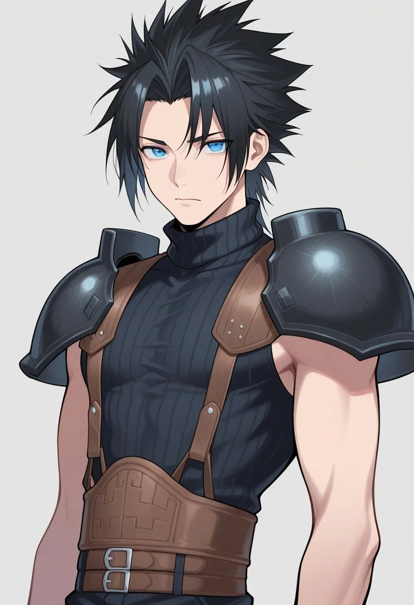 masterpiece,best quality,amazing quality, source_anime,
ZakkusuFea, 1boy, male focus, solo, blue eyes, black hair, spiked hair, short hair, shoulder armor, sleeveless turtleneck,