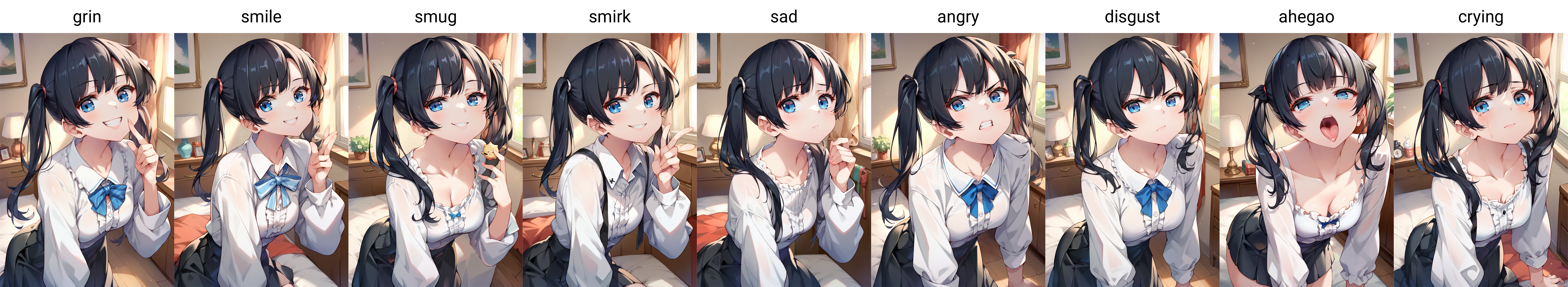 score_9, score_8_up, score_7_up, source_anime, 1girl,blue eyes,twintails, black hair, white blouse,  black skirt, grin,looking at viewer, from front, bedroom,  <lora:HongBS_Whitespider_-Style-PonyXL-Dora-000035:1>