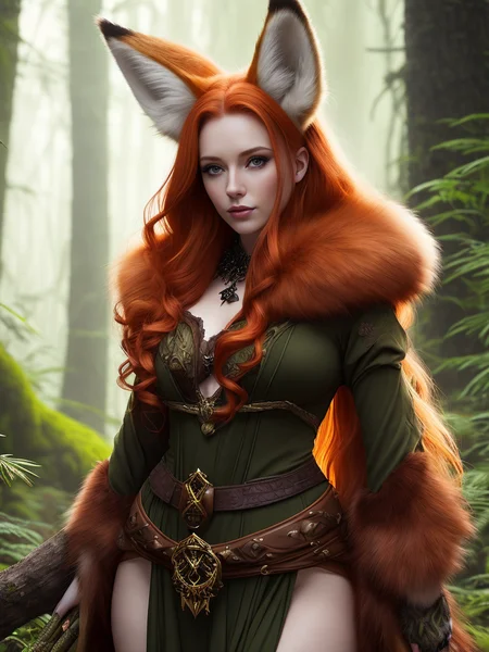award winning digital art of a beautiful woman with fox ears and tail, (ginger hair), fur, fully clothed, in a lush forest, fantasy, d&d, masterpiece, best quality, high contrast, soft lighting, backlighting, bloom, light sparkles, chromatic aberration, smooth, sharp focus