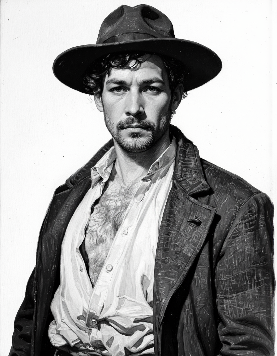 A digitally illustrated drawing in comic book style.
A black-and-white drawing of a man, rendered in a semi-realistic, high-contrast style on smokey paper.
The drawing is done in a realistic style, with intricate cross-hatching and shading techniques that convey texture and depth. The man has a rugged, weathered face with prominent cheekbones, a strong jawline, and a thick, bushy mustache. His hair is curly and slightly unkempt, and he wears a wide-brimmed hat that casts a shadow over his forehead, adding to the somber mood of the image. His attire is historical, consisting of a high-collared, white shirt with visible folds and a dark, textured coat that appears to be made of a heavy material. The background is minimalistic and white, allowing the focus to remain entirely on the man's face and attire. The artist's skillful use of light and shadow creates a three-dimensional effect, making the man's facial features and clothing textures stand out prominently. The overall style and execution of the drawing evoke a sense of realism and historical accuracy, reminiscent of 17th-century portraiture. <lora:Comic_book_opus_IV:0.25>