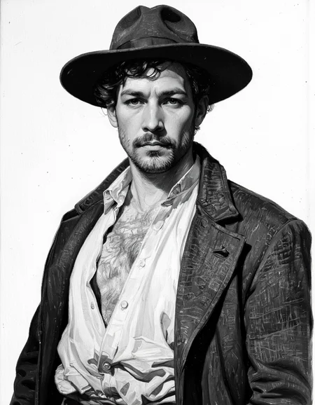 A digitally illustrated drawing in comic book style.
A black-and-white drawing of a man, rendered in a semi-realistic, high-contrast style on smokey paper.
The drawing is done in a realistic style, with intricate cross-hatching and shading techniques that convey texture and depth. The man has a rugged, weathered face with prominent cheekbones, a strong jawline, and a thick, bushy mustache. His hair is curly and slightly unkempt, and he wears a wide-brimmed hat that casts a shadow over his forehead, adding to the somber mood of the image. His attire is historical, consisting of a high-collared, white shirt with visible folds and a dark, textured coat that appears to be made of a heavy material. The background is minimalistic and white, allowing the focus to remain entirely on the man's face and attire. The artist's skillful use of light and shadow creates a three-dimensional effect, making the man's facial features and clothing textures stand out prominently. The overall style and execution of the drawing evoke a sense of realism and historical accuracy, reminiscent of 17th-century portraiture. <lora:Comic_book_opus_IV:0.25>