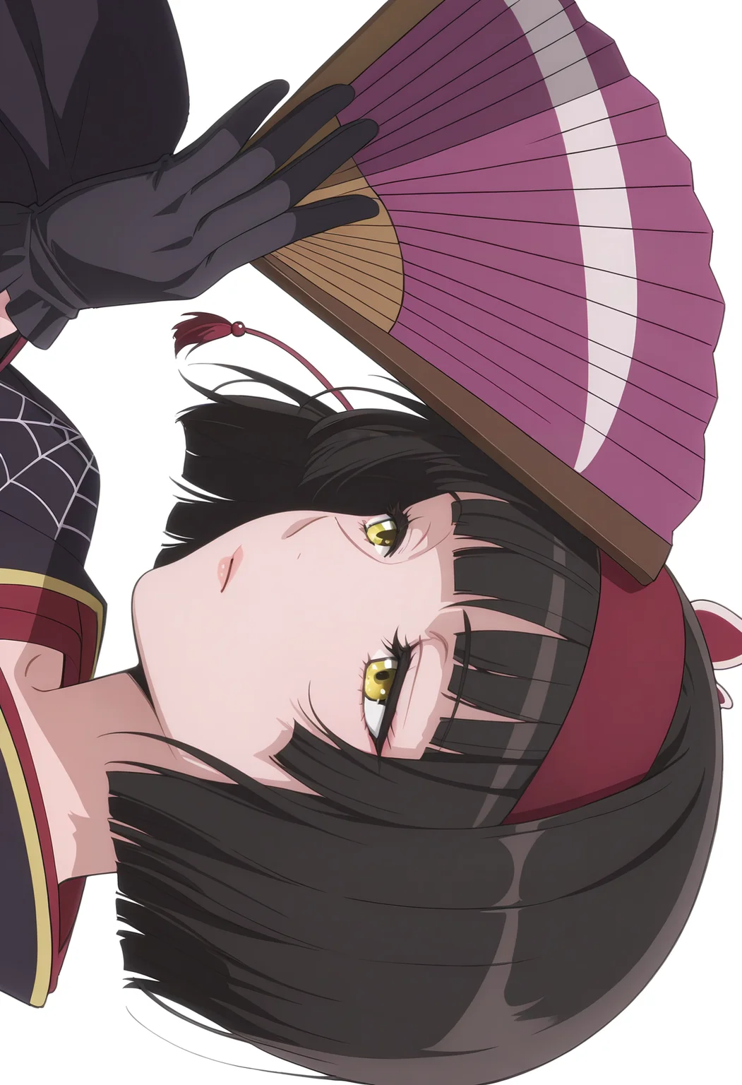 Smooth Quality,masterpiece, ultra realistic,
simple background, white background,
sideways,sleepy,wind,
<lora:MioCnn:0.8> Mio/Cnn, 1girl, short hair, bangs, japanese clothes, kimono, yellow eyes, hairband, blunt bangs, black gloves, black hair, spider web print,butterfly hair ornament,folding fan,