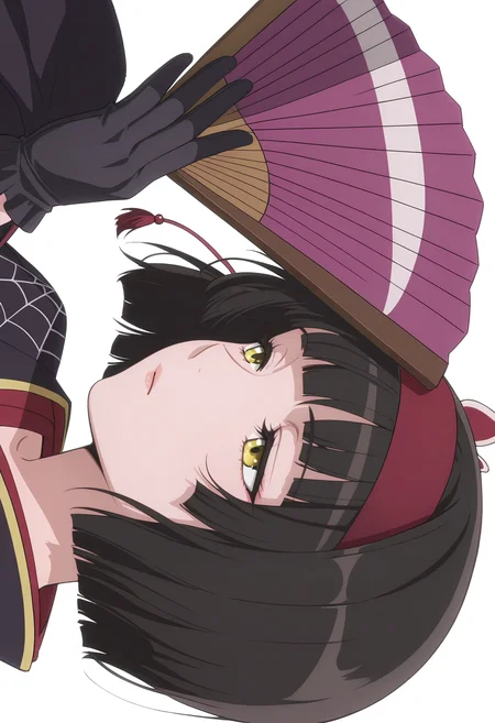 Smooth Quality,masterpiece, ultra realistic,
simple background, white background, 
sideways,sleepy,wind, 
 <lora:MioCnn:0.8> Mio/Cnn, 1girl, short hair, bangs, japanese clothes, kimono, yellow eyes, hairband, blunt bangs, black gloves, black hair, spider web print,butterfly hair ornament,folding fan,