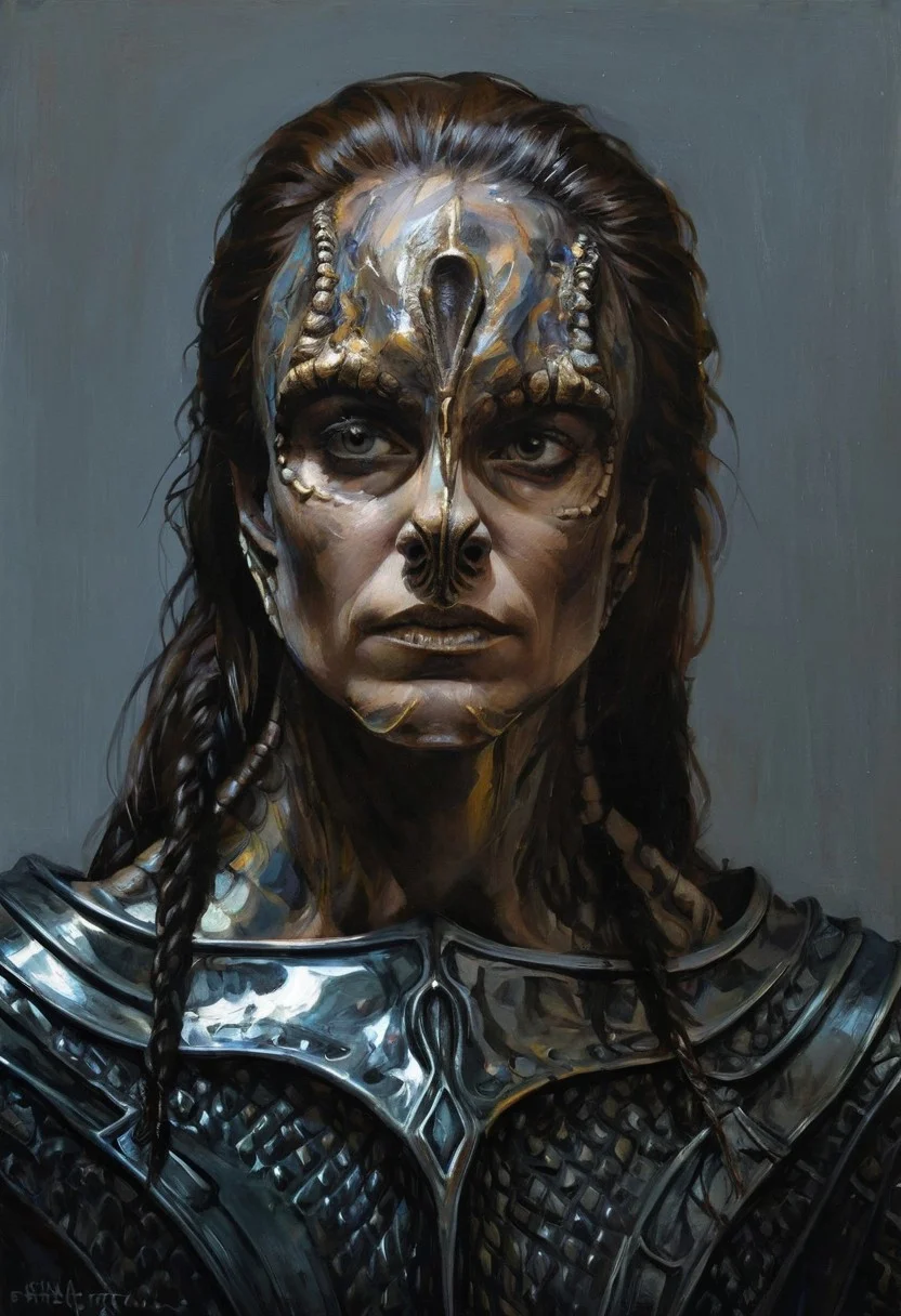 (a female c4rd45514n alien, forehead crest, grey skin, ridges, scales), approaching perfection, dynamic, moody, darkness, shadows, dark, sinister, pitch black, highly detailed, black ancient rusty knight armor, digital painting, artstation, concept art, smooth, sharp focus, illustration, art by Carne Griffiths and Wadim Kashin, dark black colors, good shadows, dim lit, devoid of color, low light, back light, hidden, obscured, black hue in hair, mirrors, prisms, reflection, refraction, prismatic, monolith, obsidian, bright yellow god rays, sun circle