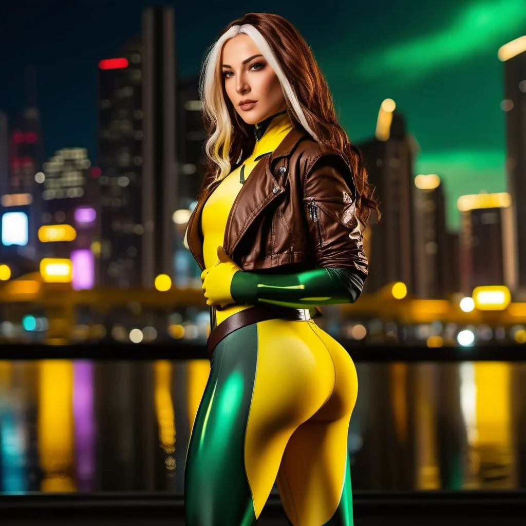Rogue1024, a woman full body, wears a yellow and green superhero suit and a jacket, cyberpunk city background, highly detailed, photography, ultra sharp, film, professional, 64k <lora:add-detail-xl:1.5> <lora:Rogue1024:0.8>