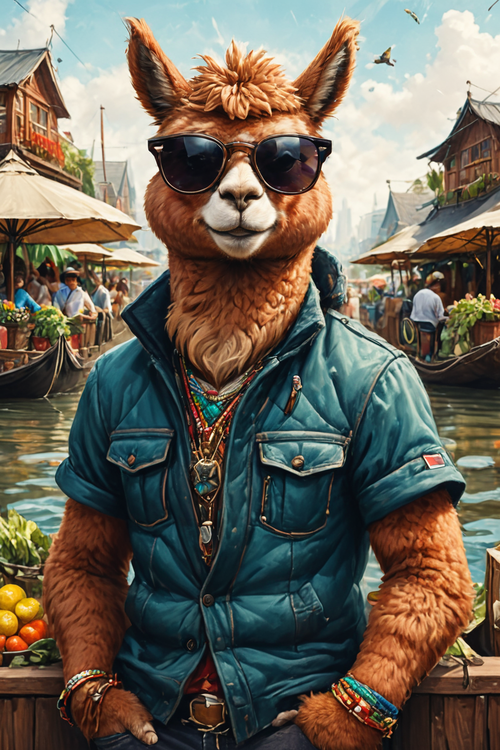 Detailed digital portrait of an anthro Alpaca (Wearing sunglasses, radiating cool confidence) at a Floating market in airship city, <lora:xl_more_art-full_v1:0.5>,  <lora:The_Crazy_Style:0.7> <lora:anthro_muscular:0.7>
