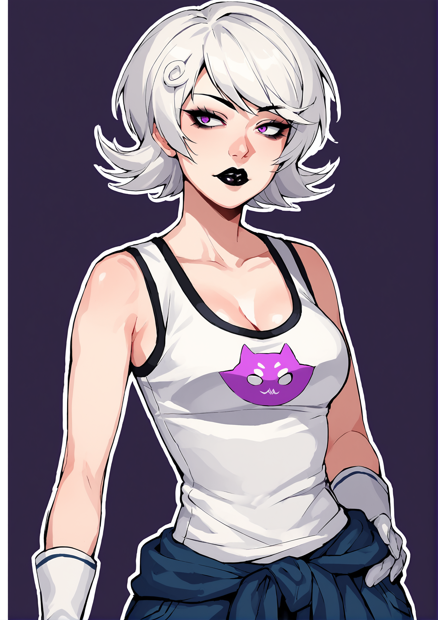 score_9, score_8_up, score_7_up, score_6_up, score_5_up, score_4_up, 2d, anime, anime artstyle, simple shadows, flat coloring, flat shadows, thick lines, white outline, <lora:Roxy_Lalonde_-_Homestuck__Variant_canon_outfits__SDXL_Pony:1> roxlal, 1girl, solo, breasts, short hair, gloves, cleavage, purple eyes, white hair, white gloves, hand on hip, makeup, tank top, lipstick, clothes around waist, jumpsuit, jacket around waist, black lips BREAK source_anime