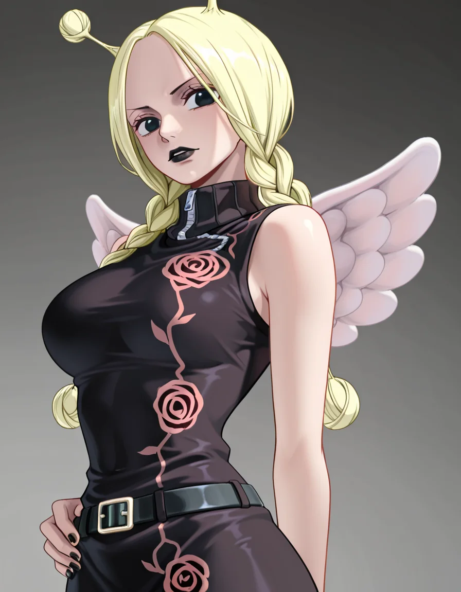 1girl, conis, black turtleneck dress, black belt, wings, blonde hair, antenna hair, twin braids, black eyes, black lips, black nails, looking at viewer, cute, <lora:Conis_ill_v6:1>, very awa, masterpiece, best quality, newest, highres, absurdres,