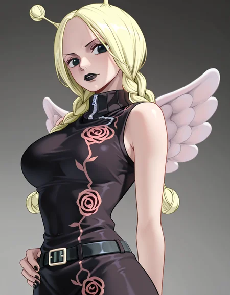 1girl, conis, black turtleneck dress, black belt, wings, blonde hair, antenna hair, twin braids, black eyes, black lips, black nails, looking at viewer, cute, <lora:Conis_ill_v6:1>, very awa, masterpiece, best quality, newest, highres, absurdres,