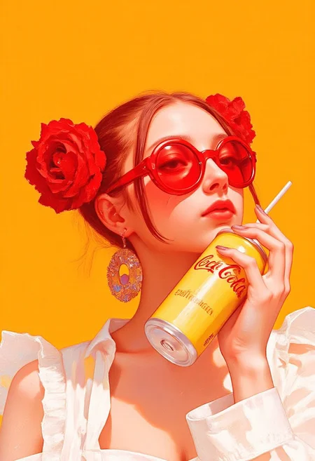 A close-up hyper-realistic portrait of a young woman with vibrant red skin, creating an intense and striking visual presence. Her face is adorned with oversized, round, red sunglasses that completely cover her eyes, adding a mysterious and alluring quality. Her hair is styled in two high buns, each intricately decorated with a large, detailed rose. She wears large, red, round earrings that match her sunglasses, enhancing the bold color palette. She is dressed in a white, high-collared dress with ruffled sleeves and a pleated bodice, emphasizing her surreal, almost doll-like appearance. In her right hand, raised near her face, she holds a yellow Coca-Cola can, the bright color contrasting sharply against her red skin and complementing the vibrant setting. The background is a solid, vivid yellow, intensifying the composition's bold and modern aesthetic. The lighting is even and shadowless, highlighting the flawless, smooth texture of her skin and the polished surface of the digital medium. The overall style blends avant-garde fashion with surrealism, focusing on color contrast, texture, and hyper-realistic detail. (xijie_blue, illustrated, aesthetic_pos3, dynamic_pos3)